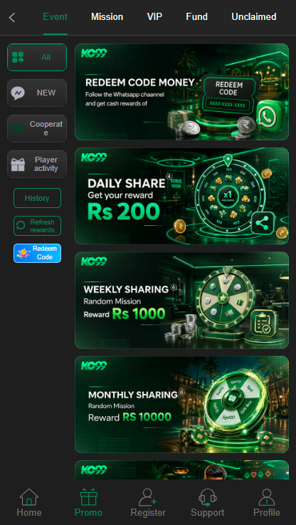 KC99 Game platform showing online games and account features