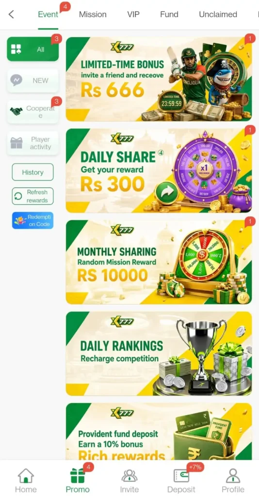 XK777 Game bonuses and promotional rewards interface for mobile users